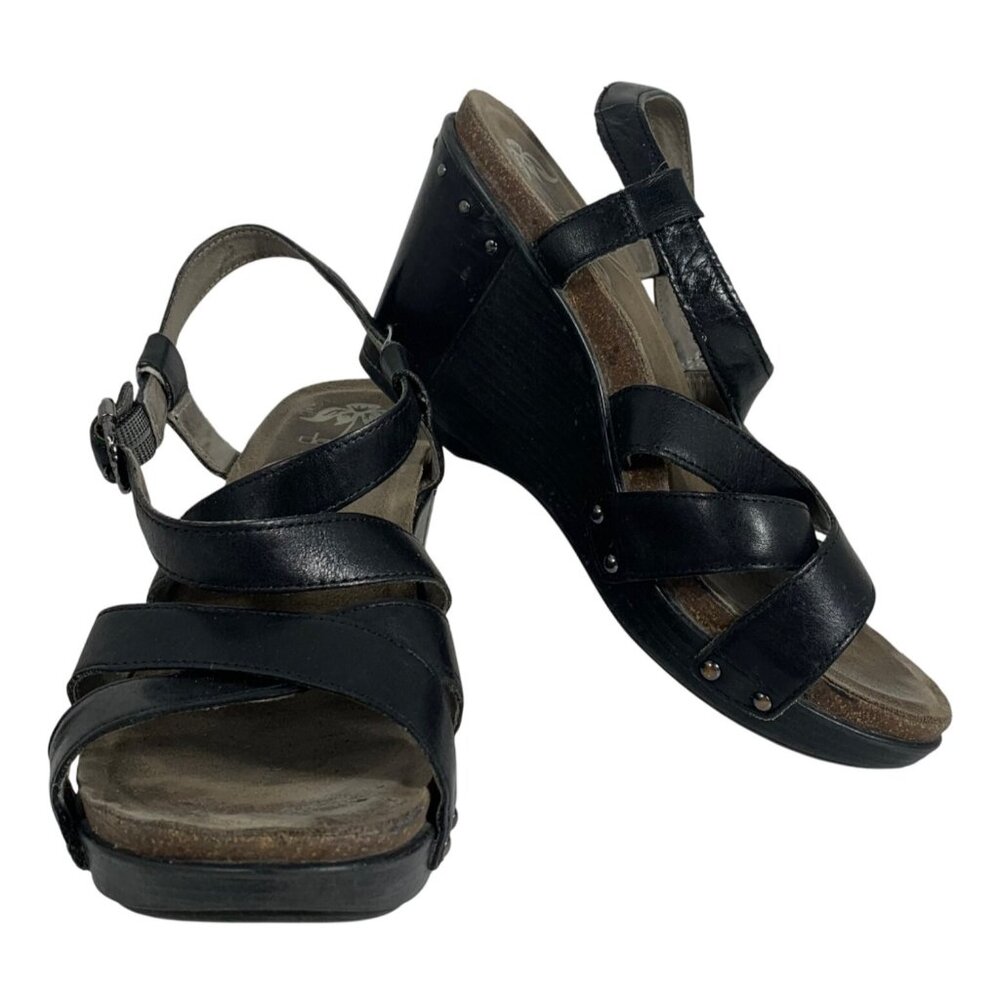 DANSKO Frida Women's Black Leather Studded Wedge Slingback Sandal Open Toe SZ 39